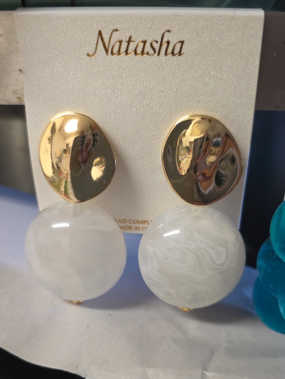 Natasha Couture Gold and White Marble Disc Drop Earrings